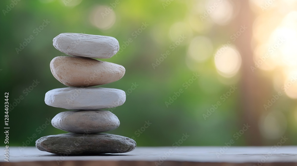 Leinwandbilder Stack of Smooth Stones Balanced on a Surface with a Soft Green Background : Generative AI