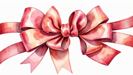 Beautiful watercolor gift bow in pink and coral shades with flowing ribbons
