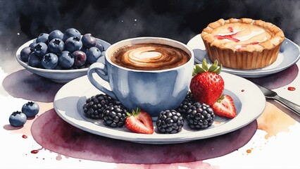 Delicious coffee with fresh berries and pastry on a stylish plate