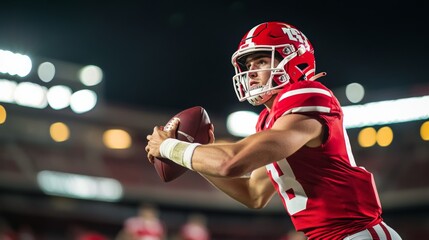 Quarterback training under stadium lights with focus on passing under pressure. Featuring composure and precision