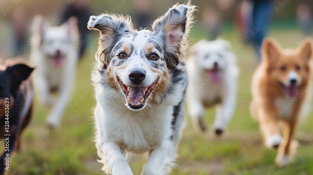 Poster group of happy dogs running joyfully in a sunny outdoor setting full of energy and excitement : gene