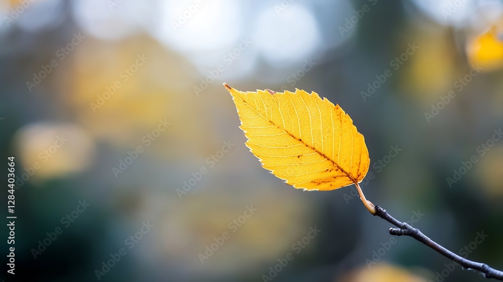 Aufkleber single vibrant yellow leaf hanging beautifully on a branch against a soft blurred background of autu