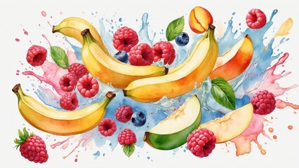 Vibrant fruit explosion featuring bananas, raspberries, and melons with colorful splashes