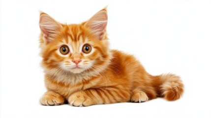 Obraz premium Fluffy Orange Kitten With Bright Eyes Lying Playfully on White Background