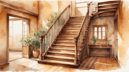 Inviting watercolor interior of a cozy staircase with natural light and plants
