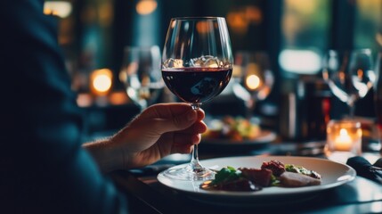 Moderate drinking while enjoying a meal at a high-end restaurant. Featuring sophistication and restraint