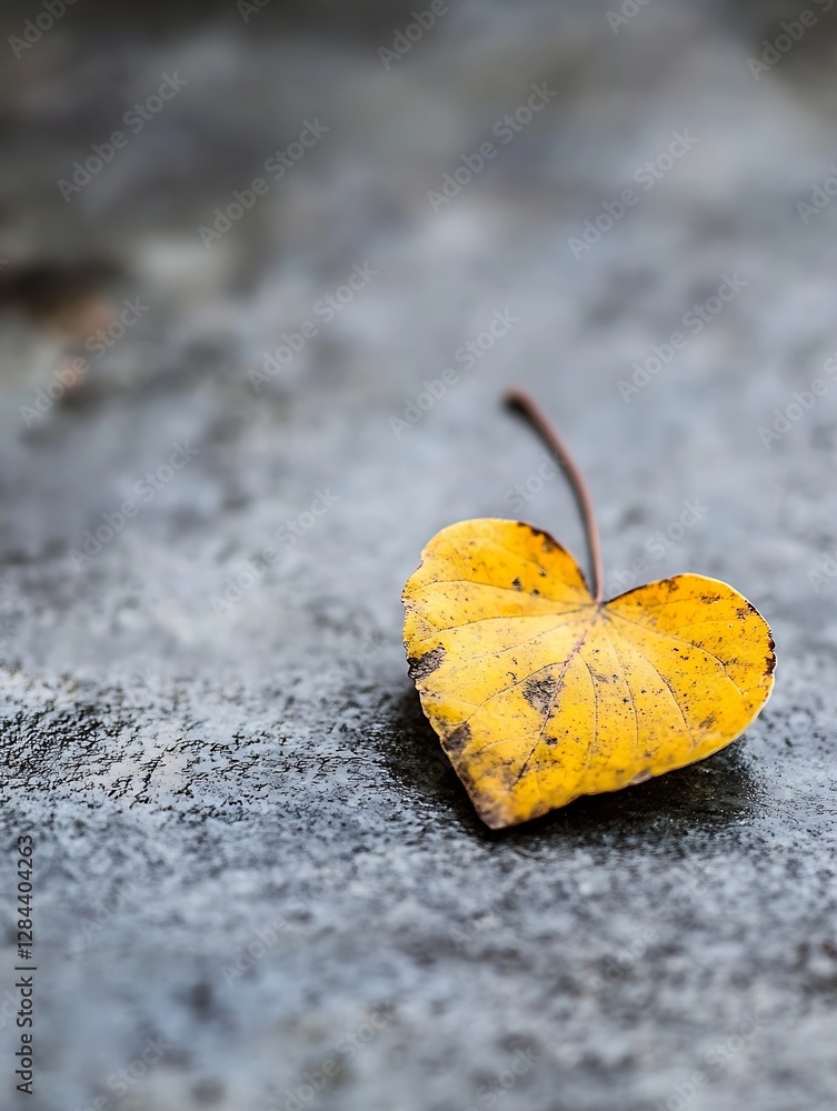 Poster Single heartshaped yellow leaf on textured grey surface creating a visual contrast with nature : Generative AI