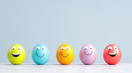 Colorful smiley eggs on table, light blue background, Easter joy