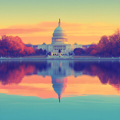 Us capitol building reflecting in water at sunrise with colorful sky
