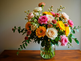 Naklejka premium A vase of flowers with orange and pink flowers in it