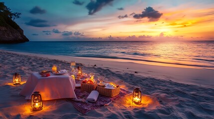Beautiful setting for a romantic picnic at the beach for a proposal or an anniversary dinner love concepts