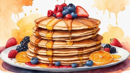 Stack of fluffy pancakes drizzled with syrup and topped with fresh berries and citrus