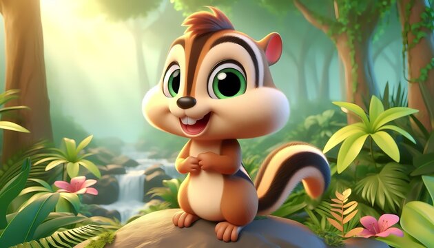 A cheerful cartoon chipmunk stands on a rock in a vibrant forest, shining with sunlight and lush greenery.