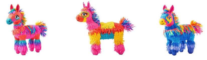 Colorful Trio: A trio of vibrant pi&ntilde;atas in a variety of eye-catching colors stand side-by-side,  isolated on transparent  or white background, png, festive experience.