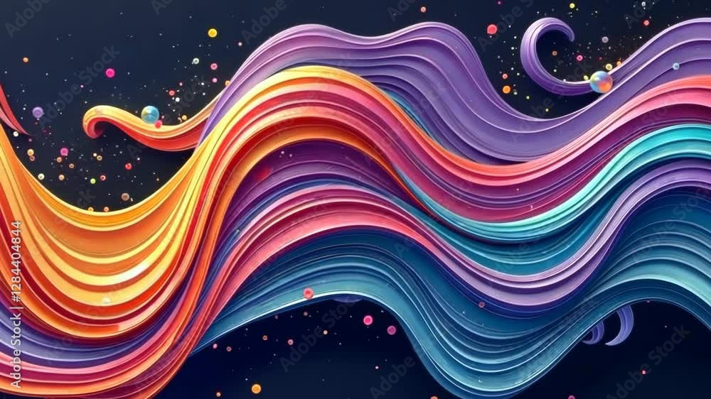Poster A colorful wave with many different colors. There are many small circles in the background. The colors are red, blue, yellow, and green