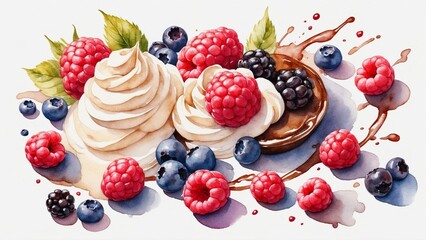 Delicious whipped cream topped with fresh berries and chocolate sauce on a colorful background