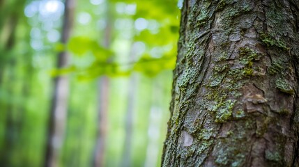 Obraz premium Closeup of a tree bark in a lush green forest showcasing natural texture and serenity : Generative AI