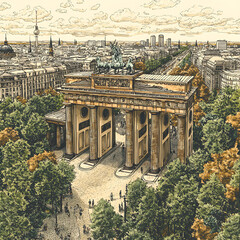 Brandenburg gate with quadriga in berlin, germany, hand-drawn illustration