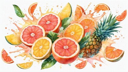 Vibrant citrus explosion featuring oranges, grapefruits, and pineapple with colorful splashes
