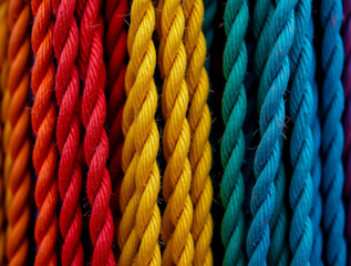 A row of colorful ropes are tied together in a knot