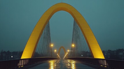 Obraz premium Illuminated yellow arch bridge at night, wet road surface, subtle fog, symmetrical design.