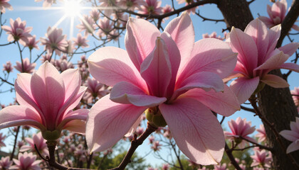 Magnolias in full bloom under gentle sunlight, nature's beauty