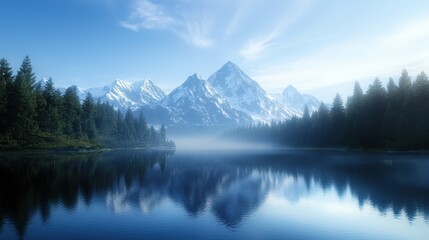 Serene Mountain Landscape with Lush Forests and Calm Reflections on Still Lake Under Clear Blue Sky