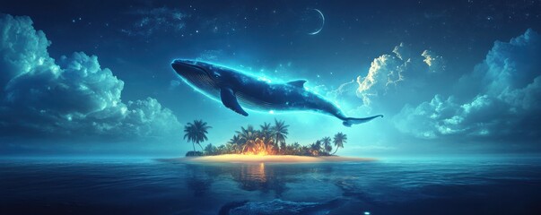 Fototapeta premium Majestic whale soars over tropical island at night with crescent moon