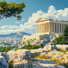 Parthenon temple shining on the acropolis of athens, greece, under cloudy sky