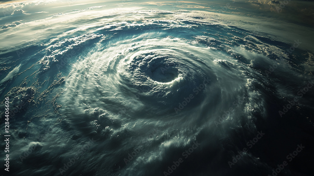 Poster aerial view of a powerful hurricane spiraling over the ocean, displaying turbulent storm clouds and 