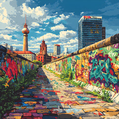 Berlin wall with graffiti art showing fernsehturm and marienkirche in pop art style