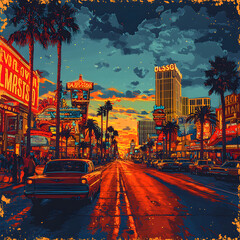 Retro 60s-inspired illustration of las vegas strip at sunset with vintage car