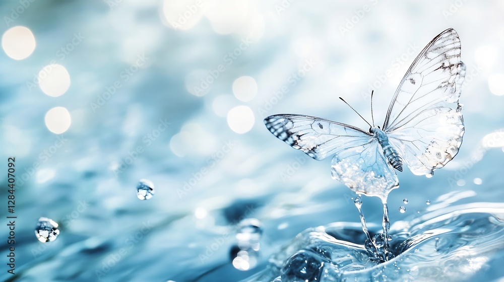 Poster Delicate butterfly perched above water droplets creating ripples in a serene blue setting : Generative AI