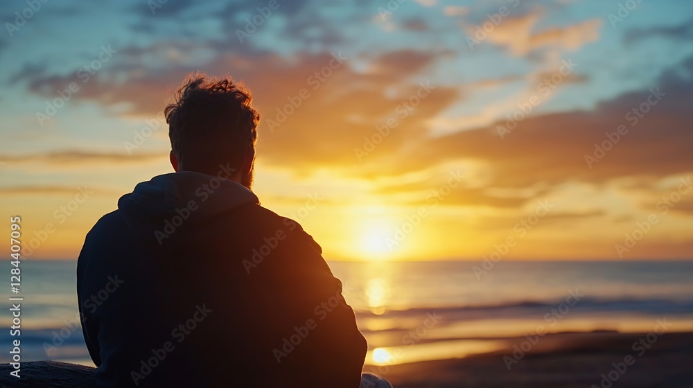 Poster man sitting by the sea at sunset looking towards the horizon representing reflection and peace : gen