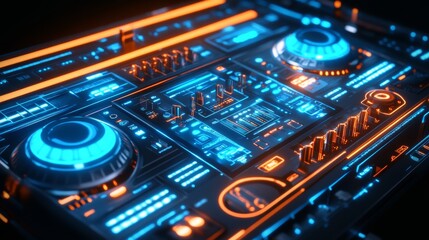 Fototapeta premium Stylized holographic DJ mixer with glowing controls and an interactive futuristic display.