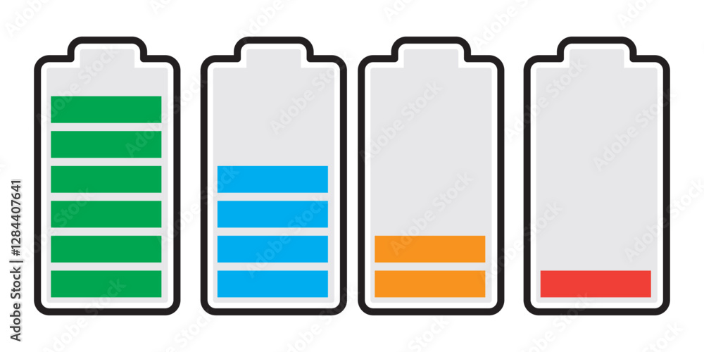 Poster set of vertical battery level indicators in percentage vector. battery indicator symbols. 0-100 perc