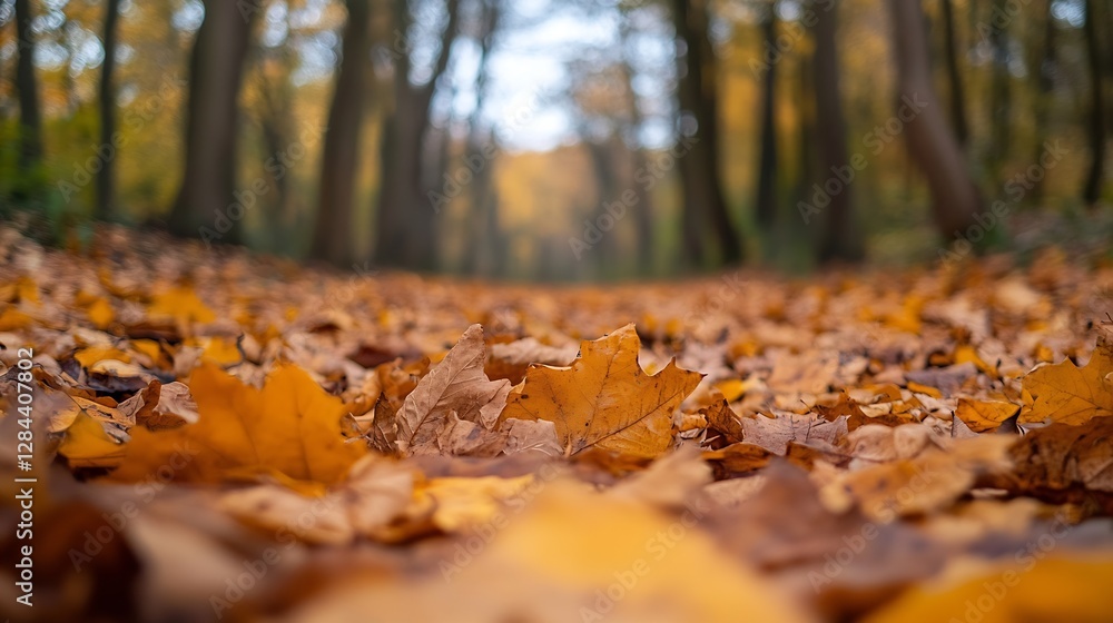 Poster autumn scene with vibrant fallen leaves covering a trail in a serene forest setting : generative ai