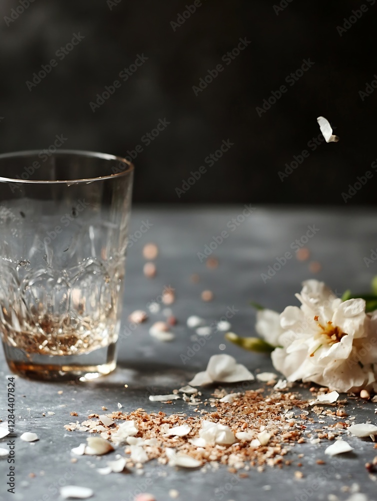 Poster A creative and artistic arrangement of a broken glass and delicate flower petals scattered on a table : Generative AI