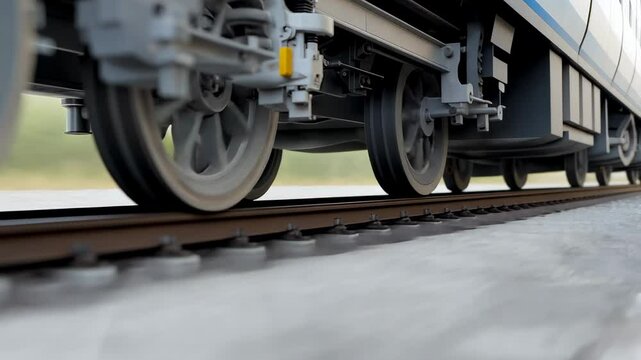 Close-up view of train wheels on tracks, showcasing motion and stability in a serene landscape