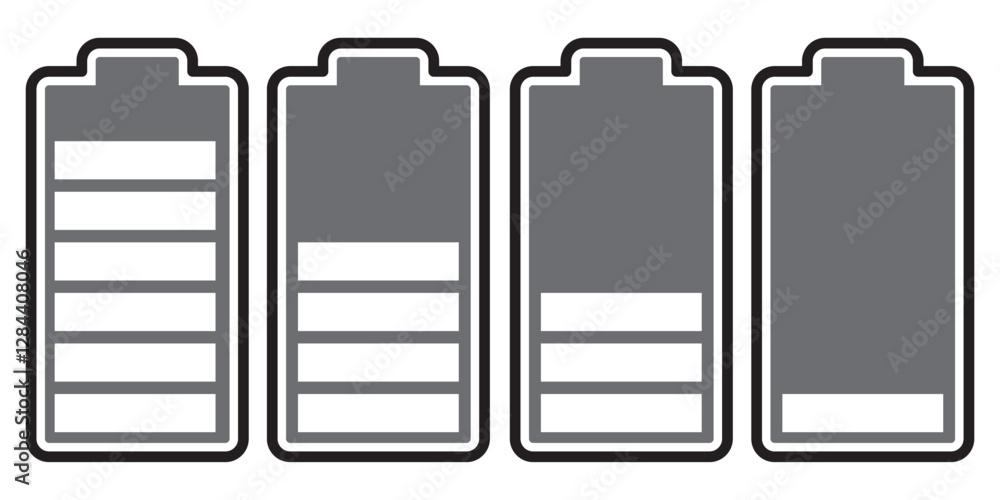 Poster set of vertical battery level indicators in percentage vector. battery indicator symbols. 0-100 perc