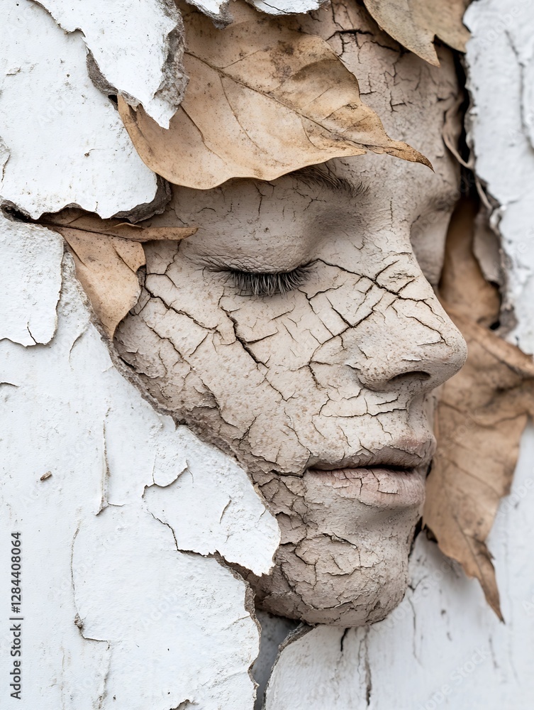 Poster artistic representation of a human face blending with cracked texture and natural elements like leav