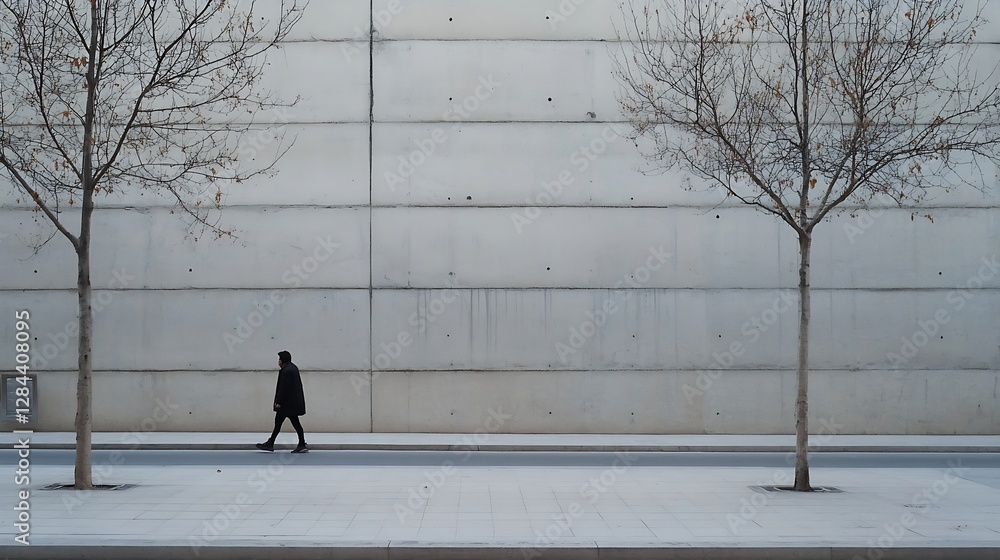 Poster solitary figure walking by a minimalist textured wall featuring bare trees and a clean pathway : gen