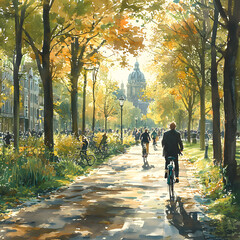 Obraz premium People cycling and walking in vondelpark, amsterdam, netherlands, in autumn