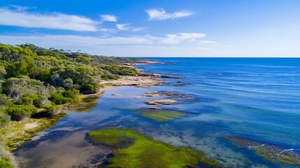 Obraz premium Panoramic view of a stunning coastal landscape featuring a tranquil blue ocean and lush greenery : Generative AI