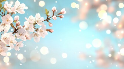 Fototapeta premium A serene background featuring delicate cherry blossoms against a soft blue, with bokeh effects creating a dreamy atmosphere.