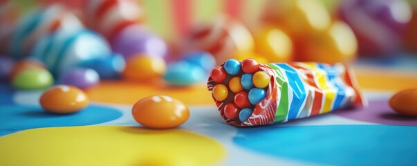Fototapeta premium Colorful candy spill on bright background with wrapped multicolored sweets and beads
