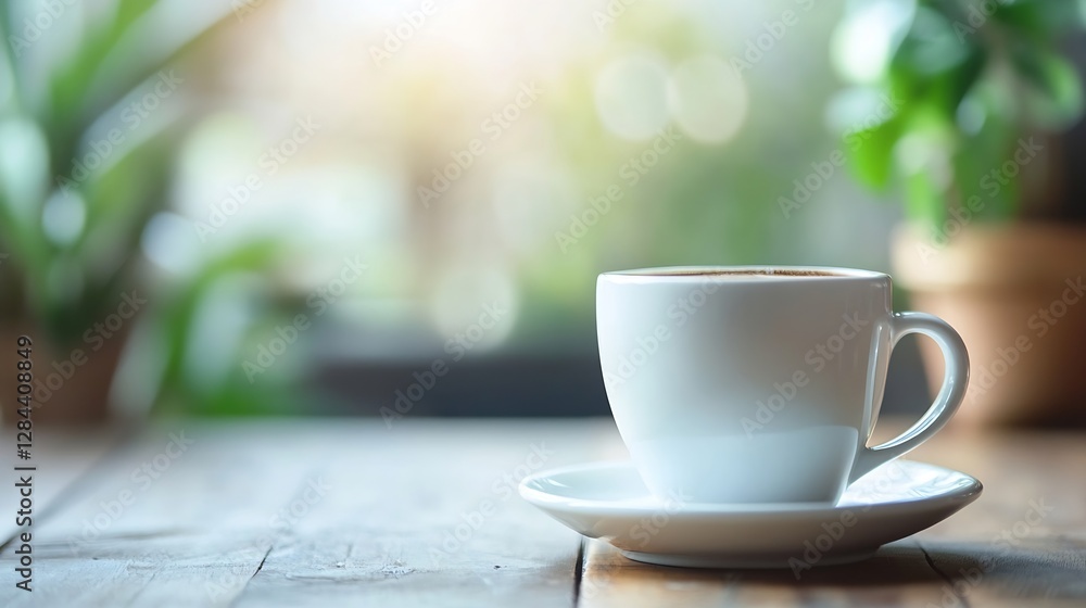Poster a steaming cup of coffee on a wooden table in a cozy cafe setting with natural light : generative ai