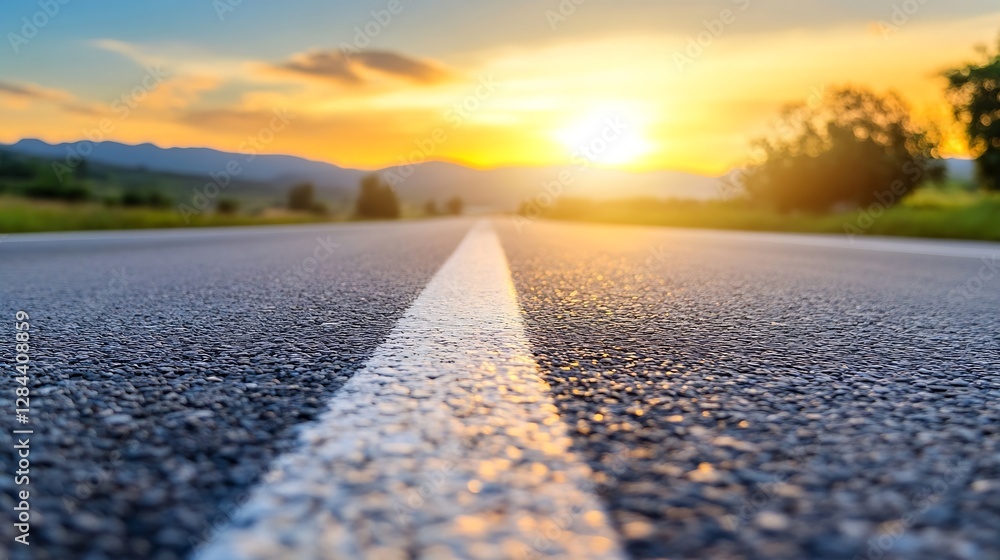 Poster beautiful scenic view of an empty road stretching towards sunset on horizon : generative ai