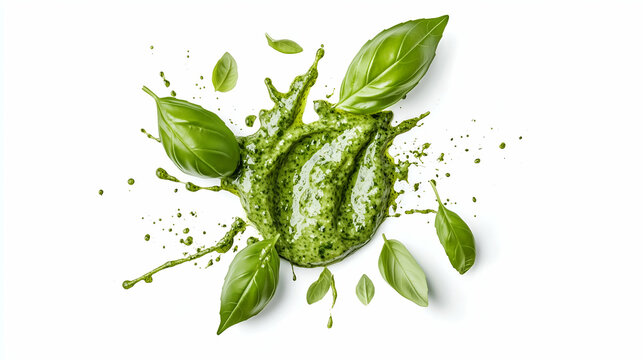Pesto sauce gently splashing around fresh basil leaves in the center, on a white background. Poster for Restaurant.

