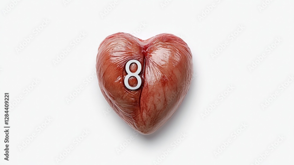 Poster heart-shaped object with number eight on a clean white background